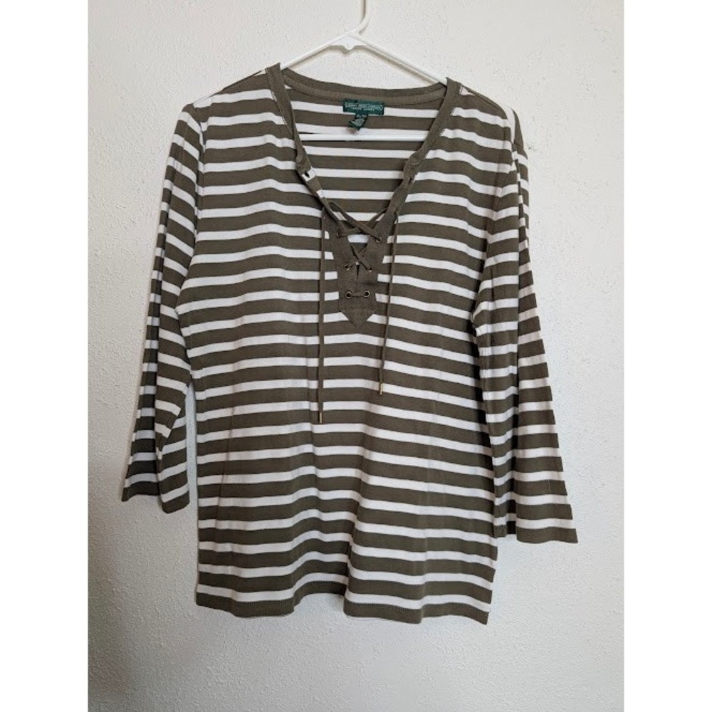 Lauren Ralph Lauren Green Striped Top Lace-Up Women's Size XL Cotton Western